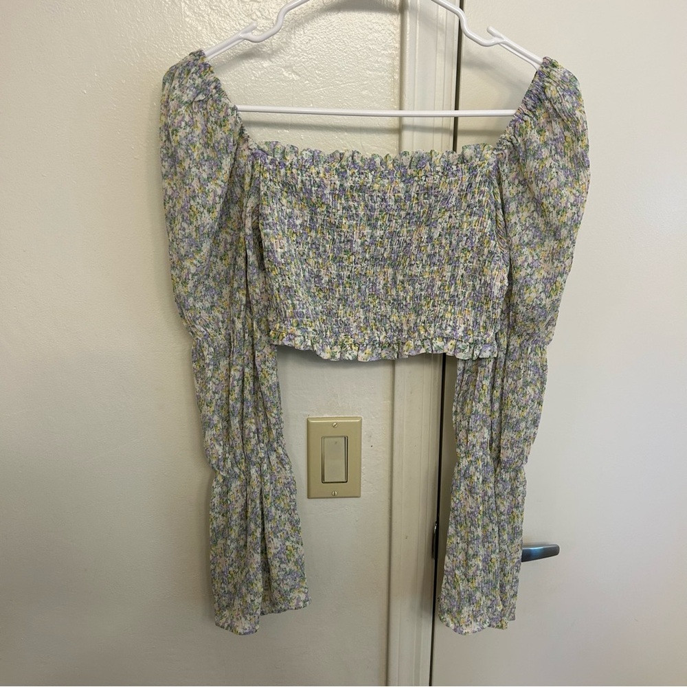 Petal & Pup Lavender Floral Smocked Crop Top with Puff Sleeves